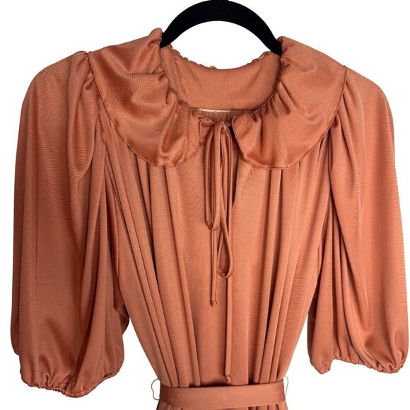 VTG 1970s Sz XL Copper Puff Sleeve Flowy Blouson Dress Peter Pan Collar & Belt - Picture 3 of 9